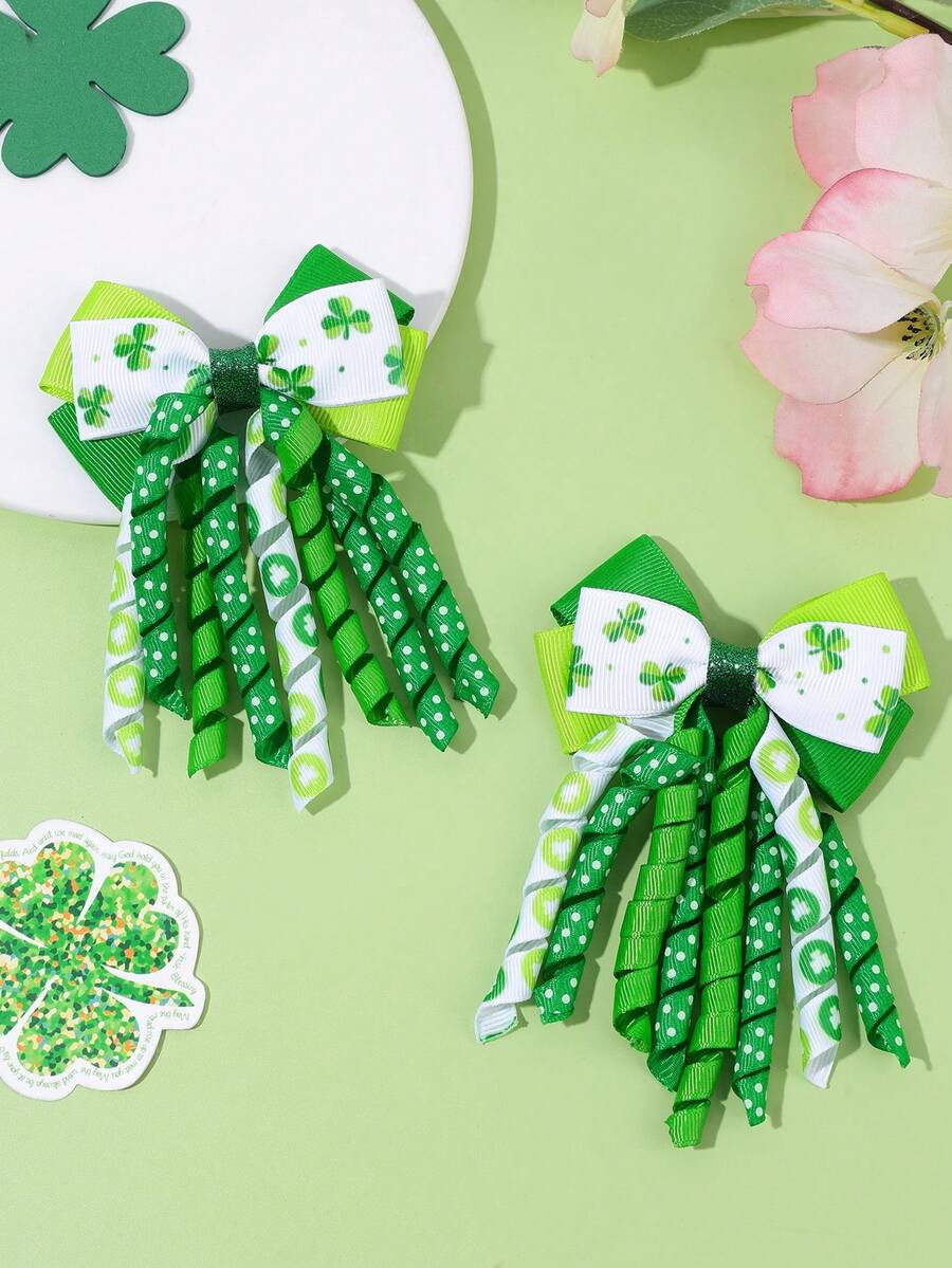 2pcs St. Patrick's Day Clover Print Hair Clips, White & Green Tassel Butterfly Claw Clips, Cute Curly Hair Clips, Four-Leaf Clover Hair Pins, Carnival Hair Clips, Women Hair Accessories - Multicolor - View 1
