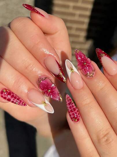 24pcs/Set Elegant Pink Polka Dot French Tip Almond Shaped Press-On Nails With Floral & Star Accents, Includes Gel Polish And Nail File, Ideal For Girls & Women For Daily, Party, Event Wear