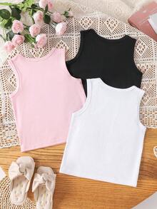 3pcs Valentine's Day Girls Sleeveless Tank Top With Heart & Girl Pattern, Round Neck, Young Girl Summer Clothing Set - Multicolor - View 2