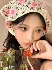 1条优雅钩编三角围巾 - 复古法式针织发带，粉色花卉图案，甜美可爱，外出旅行的完美头饰 | 花卉图案发带 | 精致钩编工艺，发带围巾，头巾，秋冬发带，女士节日配饰，女士发饰，优雅发带