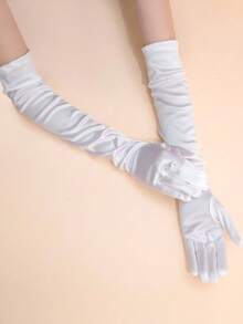 1 Pair Satin Long Gloves, Suitable For Formal Occasions Summer - White-gC14623 - View 3
