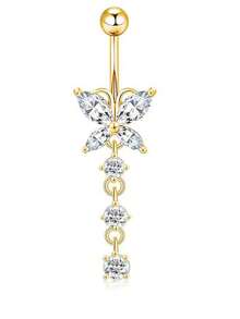 1pc Butterfly Rhinestone Classic Navel Piercing Jewelry, Elegant Zirconia Heart Butterfly Belly Button Ring