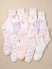 5/10/20 Pairs Girls White Knee High & Ankle Socks With Bow, Floral, Striped Designs, Breathable Soft Mesh, Suitable For 1-16 Years Old Children - Multicolor - View 2