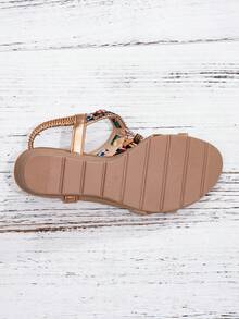 Women's Rose Gold Wedge Platform Sandals, Floral & Rhinestone Embellished Ladies Sandals With Elastic Ankle Strap, Comfortable Wedge Thick Sole Open-Toe Shoes For Summer Beach Vacation Casual Outings - 香檳色 - 查看 6