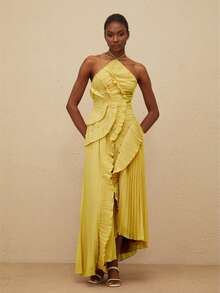 Women Ruffle Hem Pleated Sheer Mesh Long Maxi Dress Sleeveless Halter Neck Irregular Tiered Flowy Long Maxi Dresses For Wedding Guest Summer Holiday Beachwear - Màu vàng - Xem 8