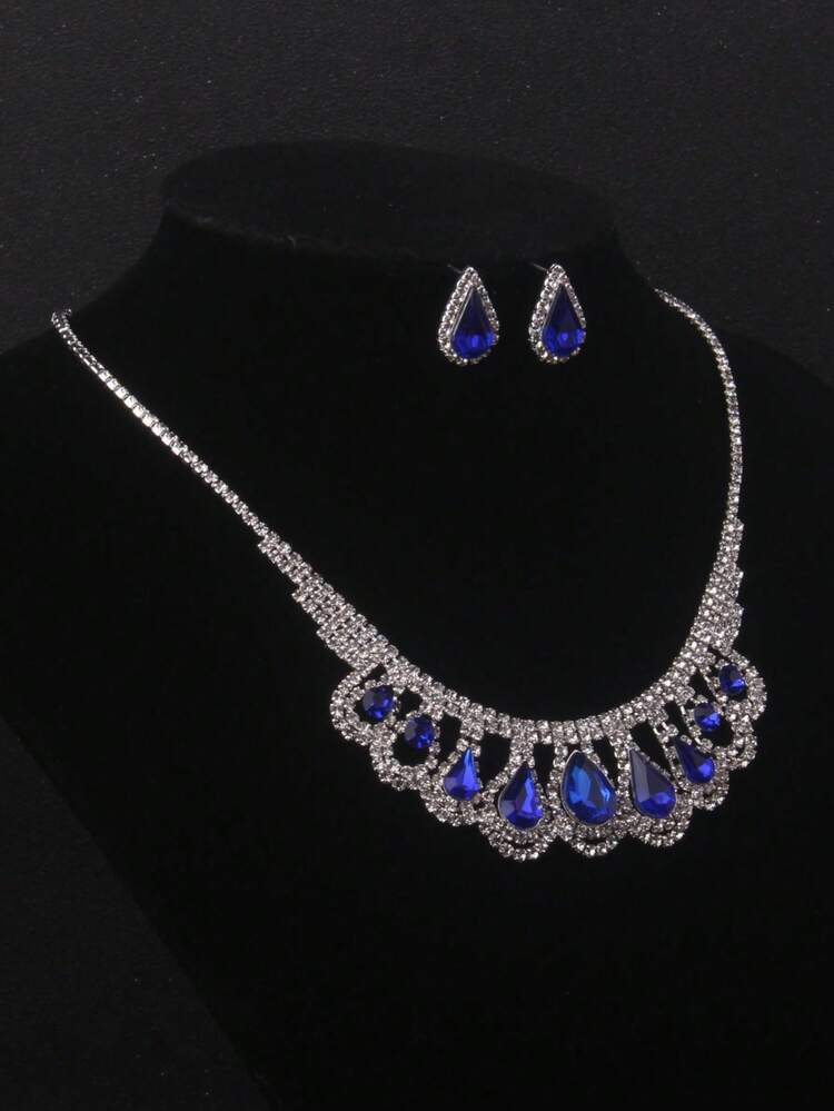 Conjunto de joyería nupcial - Collar y aretes, adecuado para vestido de novia, vestido de gala, actuación en el escenario, disponible en morado, azul, rojo - conjunto de collar + arete - Añade 5