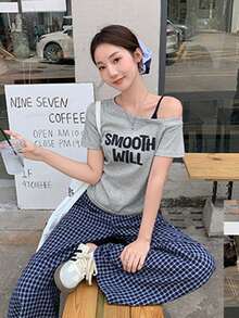 修身性感露肩字母印花长袖短款上衣 - 花灰色 - 查看 7