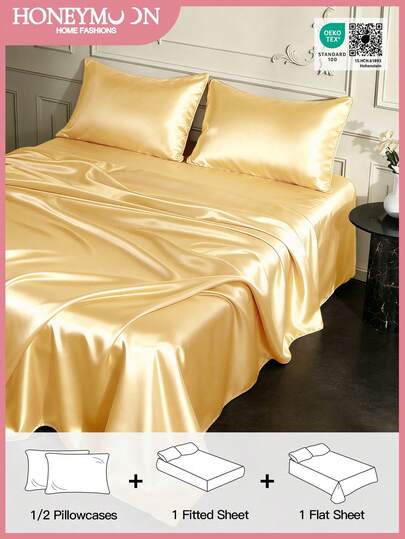 3/4pcs Bedding Set: 1pc Satin Fitted Sheet + 1pc Satin Flat Sheet + 1/2pcs Satin Pillowcase, Soft & Breathable, Wrinkle-Resistant, Improve Sleep Quality, Luxury Hotel Style, 9.84 Inch/25cm Deep Pocket, Machine Washable, Fits All Bed Sizes - Twin, Full, Queen, King, Oeko-Tex Gold Certified