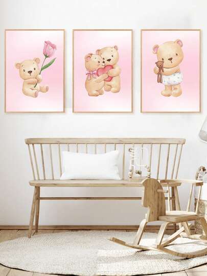 1pc Canvas Wall Art Baby Goods Adorable Bear Print Design, Featuring Bears And Hearts, Teddy Bear Poster, Bear-Themed Wall Decor For Girls' Bedrooms, Pink Hearts - - Framed Nursery Wall Art Perfectly Complements Playroom Decor Nursery Decor, Childcare Room Decor, Kindergarten Decor, Boys' Room Decor Girls' Bedroom Decor Children's Room Decor Valentine's Day Decor