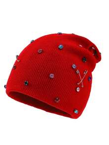1pc Women's Fashion Colorful Rhinestone Brooch Punk Style Slouchy Knit Beanie Hat, Warm Woolen Cap For Autumn/Winter Outfits And Travel - A - View 7