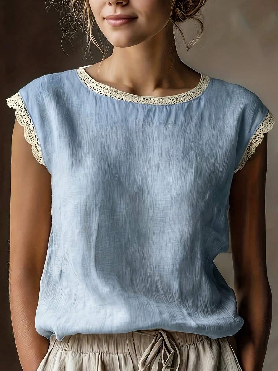 Retro-Style Linen Sleeveless Top For Women, Lace Trim, Round Neck, Loose Fit, Slimming, Breathable Linen Blend T-Shirt For Summer. - 藍色 - 查看 1