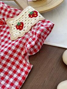Abito estivo casual da ragazza con stampa a fragole, colletto ricamato a quadri e maniche a cappuccio - Rosso - Visualizzare 5