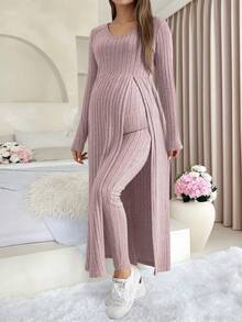 2pcs Maternity Casual Set, Pink/Light Pink Ribbed Long Sleeve V-Neck Slit Front Top With Belly Support Pants, Fashionable & Comfortable Maternity Nursing Wear Spring - Pink - View 5