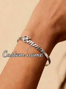 Customized Women's Stainless Steel Bracelet With Personalized Nameplate, Letter, Heart, Hollow Butterfly Design, Jewelry Gift For Women, Wedding, Valentine's Day - Silver Bracelet - View 6