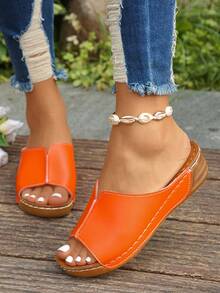 A Pair Of Simple, Pure-Colored, Open-Toe Round-Headed Women's Wedge-Heeled Thick-Soled Sandals, Comfortable And Lightweight, Orange Slippers, Resort Style, Suitable For Summer Daily Wear, Outdoor Wear, Beach Slippers, Orange Slippers, Orange Women's Sandals - 橘色 - 查看 1