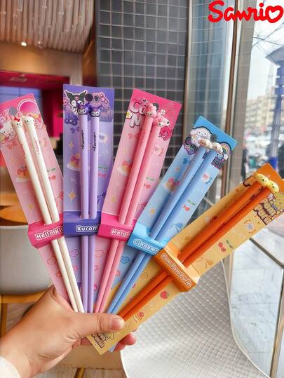 Sanrio (Officially Licensed) 2pcs Hello Kitty Chopsticks Set, Yuguigou Brand New Single Pack Household Chopsticks, Melody Cartoon Anti-Slip Couple Chopsticks, Highly Attractive, Suitable For Home, Travel And Dining (Slight Difference Between Physical Product And Image), School Supplies