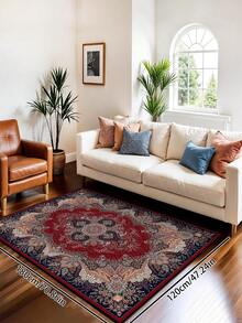 1pc Vintage Distressed Style Rug, Red Bohemian Moroccan Polyester Fiber Comfortable Rectangular Easy Care Washable Area Carpet, Suitable For Living Room, Hallway, Bedside, Sitting Room, Bedroom, Home Decor