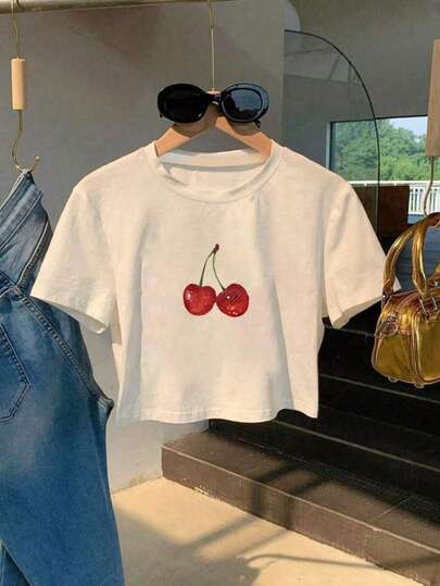 Tricou de vară pentru femei, stil picant Y2K, cu imprimeu de fructe de cireșe, casual, simplu, de zi cu zi, slim fit, cu guler rotund, mânecă scurtă, topuri drăguțe, alb