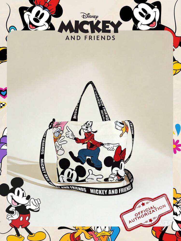 1 pieza Bolsa de caramelos con estampado de Mickey Mouse con licencia oficial de Disney, bolso de mano para niños, bolso de tela con diseño de dibujos animados lindo para niñas, bolso de lona casual para el hombro, conveniente para uso diario y compras - Adecuado para niños/niños/niñas, perfecto para uso diario/compras - Blanco - Añade 1
