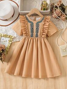 Summer Girls Camel Color Exotic Print Dress With Ruffle Hem, Middle Eastern Traditional Pattern, Suitable For Casual Daily Wear And Holiday Occasions - Camel - View 10