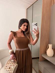 Long Dress With Lace Detail At The Waist, Duna Fabric. - Rust Brown - View 4