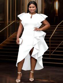 Plus Size Spring Easter New Bride Fashion Short Sleeve Slit Ruffle Hem White Graduation Dress, Suitable For Wedding, Wedding Guest, Bridal Shower, Bachelorette Party, Vacation, Birthday, Graduation, Formal Dinner, Homecoming, Back To School Summer Elegant - 白色 - 查看 4