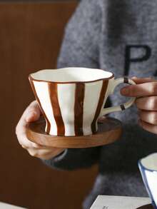 1pc Retro Striped Ceramic Mug, Breakfast Milk Oatmeal Cup, Home Water Cup, Office Coffee Cup, Afternoon Tea Latte Art Cup, Juice Beverage Cup, Couple Water Cup, Holiday Gift Cup, Gift For Family And Friends - Multicolor - View 3