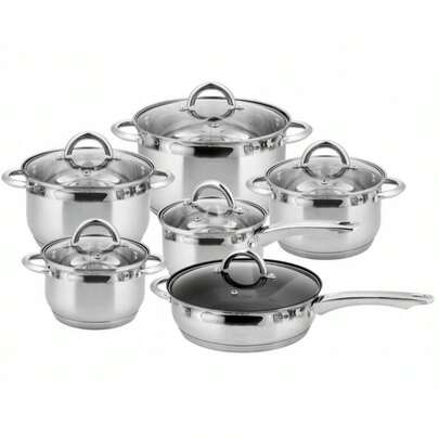 12-częściowy zestaw wysokiej jakości naczyń kuchennych ze stali nierdzewnej, patelnia z powłoką nieprzywierającą, patelnia do smażenia, garnek do zupy, garnki. Solidne, łatwe do czyszczenia, wyposażone w dwa uchwyty i przezroczystą szklaną pokrywkę, kompatybilne z płytami indukcyjnymi i kuchenkami gazowymi, niezbędne akcesoria kuchenne, akcesoria kuchenne, odpowiednie do smażenia, smażenia i gotowania owsianki.