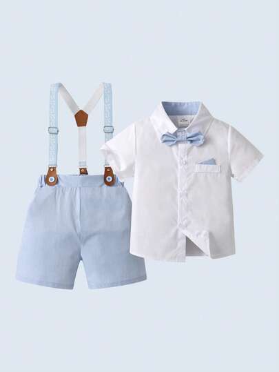 BOARNSEORL Young Boys Gentleman Short Sleeve Set, Collared Shirt With Bowknot And Overalls Shorts, Stylish Fashion Suitable For Baby Shower, Birthday Party, Formal Occasions, Wedding, Page Boy Outfit