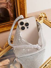 Silver Mini Party Clutch Bag With Rhinestone Decor, Suitable For Dresses, Parties And Gatherings, Personalized Handbag, Coin Purse, Lipstick Holder - Silver - View 3