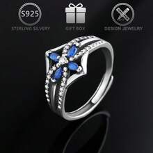 1 pieza Anillo ajustable de plata de ley 925 con diseño geométrico único y vintage con circonita cúbica, adecuado para uso diario, fiestas, festivales y cumpleaños - Plata antigua - Ver 3