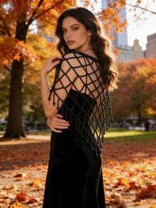 优雅手工串珠流苏披肩，可作连衣裙链，瞬间成为约会或婚礼的焦点，节日礼物之选。 - 黑色 - 查看 2