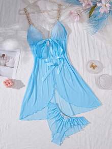Elegant Sexy Mature Sensual Blue Lingerie Set, Embroidered Lace Ribbon Sheer 2 Pieces Sleepwear For Dates - Blue - View 10