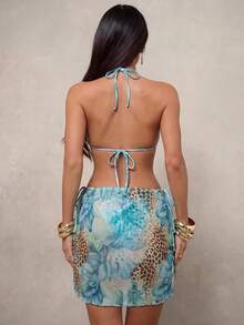 女士新款全印花性感系带露背比基尼套装，适合度假和海滩穿着 - 彩色 - 查看 2