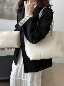 Bộ 2 túi xách cỡ lớn màu trơn, gồm túi đeo vai và ví cầm tay, được làm từ da PU, phù hợp cho nữ giới sử dụng hàng ngày, đi làm và mua sắm, cũng lý tưởng cho mẹ và con gái, món quà tuyệt vời nhất cho Ngày của Mẹ. - Màu be - Xem 4