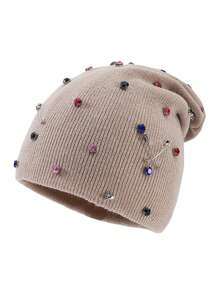 1pc Women's Fashion Colorful Rhinestone Brooch Punk Style Slouchy Knit Beanie Hat, Warm Woolen Cap For Autumn/Winter Outfits And Travel - A - View 5