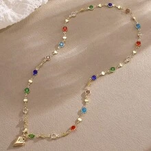 Vintage Colorful Rhinestone Multi-Layer Necklace Cross Pendant Zinc Alloy Gold Plated Stacked Wear Collarbone Chain - Style 3 - View 3