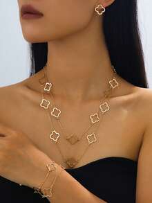 4pcs/Set Fashionable Elegant Four-Leaf Clover Pendant Necklace, Bracelet, Earrings Jewelry Set, Suitable For Women Daily Wear And Gifts - Yellow Gold - View 8