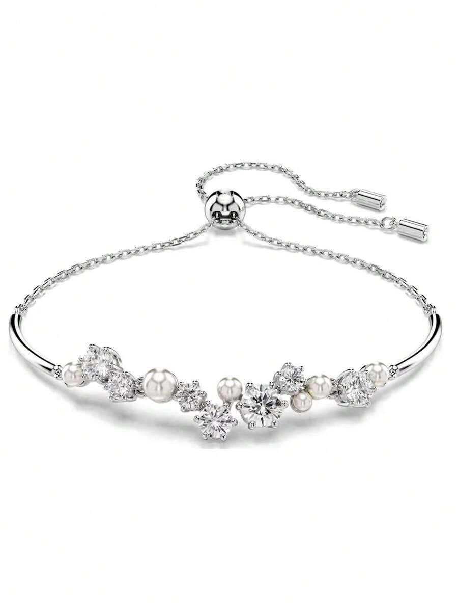 1pc Fashionable Faux Pearl & Crystal Necklace Bracelet Set, Versatile & Elegant Women Bracelet - Silver - View 1