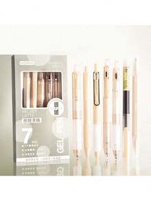 7pcs/SetSeries Gel Pens, Aesthetic Black & Brown Ink Pens With 0.5 Mm Fine Point, Boho School Office Supplies Neutral Beige Desk Accessories, - 鏽棕色 - 查看 3