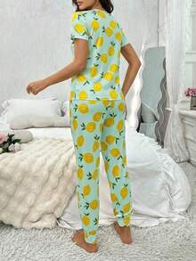 2pcs/Set Lime Green Lemon Print Short Sleeve Top & Fresh Lemon Print Pants, Machine Washable - Lime Green - View 2
