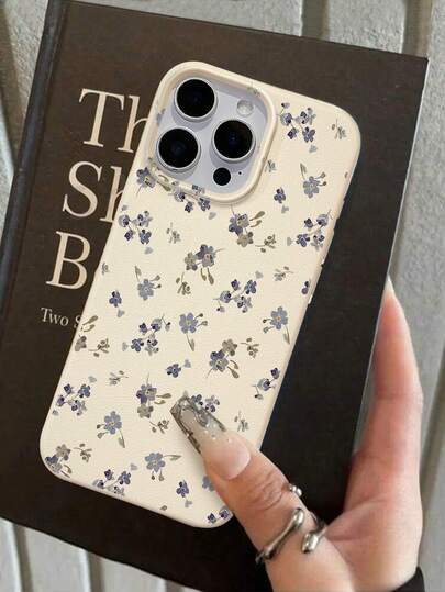 1pc TPU Material Elegant Blue Floral Full-Screen Pattern Phone Case, Retro Blue Floral Phone Case, Minimalist Floral Faux Leather Beige Protective Cover, Pastoral Aesthetic Daily Accessory Or Gift For Valentine's Day/Birthday/Holidays, Compatible With IPhone & Galaxy