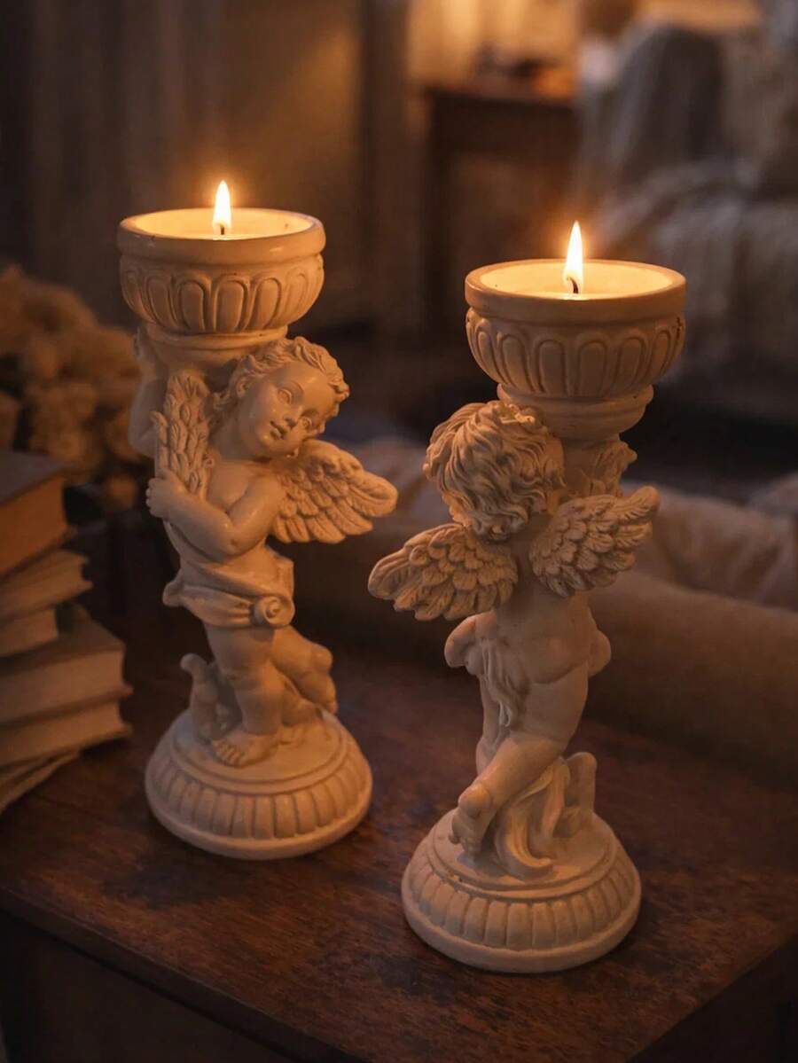 1/2 peças Castiçal de Anjo em Estilo Europeu Vintage, Escultura de Anjo Decorativa, Decoração para Casa, Suporte para Velas de Mesa, Presente Elegante para Casamentos, Feriados e Ocasiões Especiais - Multicolorido - Ver 1