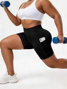 Spring/Summer Women's Plus Size Black High-Waisted Tight Yoga Shorts, Side Pockets, Slim Fit, Suitable For Cycling, Running, Fitness Training, Daily Wear - Black - View 7