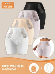 4pcs/Pack Plus Size Women Lace Print Briefs, Tummy Control, Anti-Chafing, Comfortable Fit - Multicolor - View 7