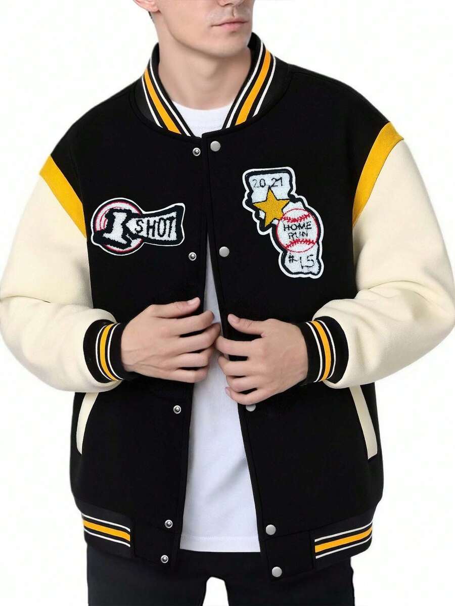 男士棒球夹克，刺绣百搭服饰，ins情侣外套，春/秋/冬 - 黑色 - 查看 1