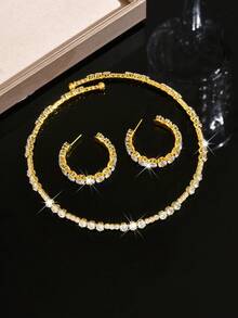 水晶水钻项链+耳环套装 - 百搭首饰，全镶钻，适合日常佩戴和情人节