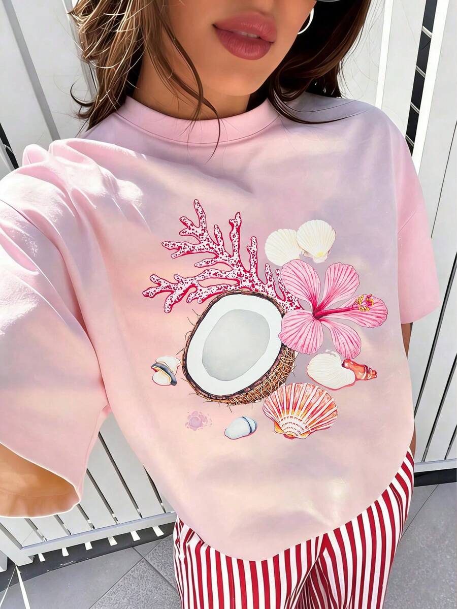 Áo thun chủ đề biển, áo thun mùa hè cho nữ, áo thun casual cho nữ, áo crop top phong cách Y2K, áo thun cổ tròn tay ngắn casual mùa hè cho nữ. - Màu Hồng baby - Xem 1