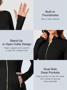 Women's Long Sleeve BBL Jacket With Pockets And Thumb Holes, Running Workout  Activewear Top - 黑色/金色 - 查看 2