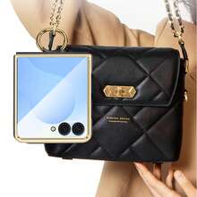 Fashionable Gold-Plated Ring Leather Phone Case With Phone Stand Function, Includes Tempered Glass Screen Protector, Compatible With Samsung Galaxy Z Flip 5/6/7 - Black - View 11